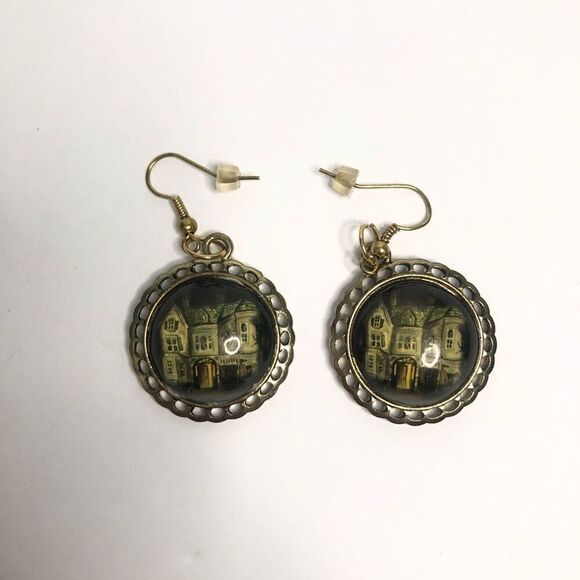 vintage abandoned haunted house round glass earrings halloween steam punk - Picture 2 of 7
